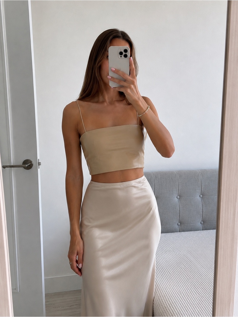 ZARA Faux Leather Cropped Cami Top Beige